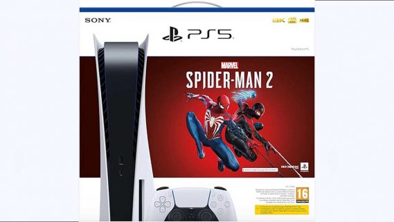 Pack de consola PlayStation 5, mando y videojuego Spider-Man 2.