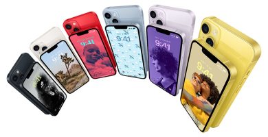 Modelos de iPhone 14 con diferentes colores.
