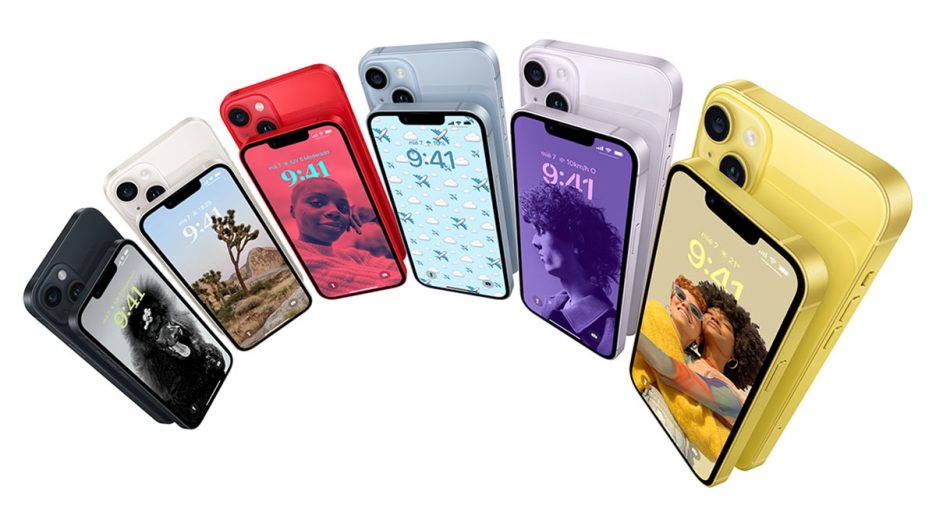 Modelos de iPhone 14 con diferentes colores.