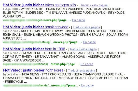 Resultados del malware con Justin Bieber