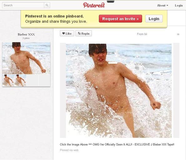 Foto falsa de Justin Bieber en la red social Pinterest bañándose en la playa desnudo.