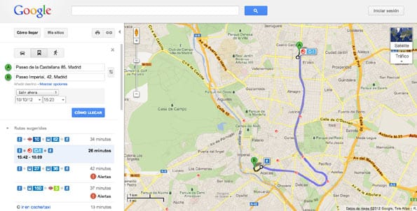 Mapa de Transit sobre cómo llegar a través del Cercanías de Madrid.