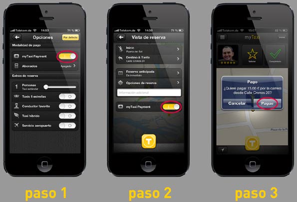 Pantallas del proceso de pago en un taxi con la app myTaxi en Madrid o Barcelona.