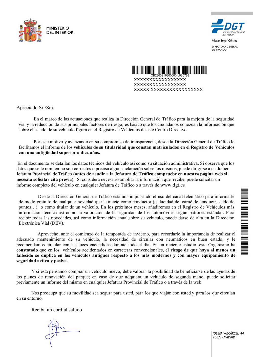 Carta a recibir de la DGT, página 1.