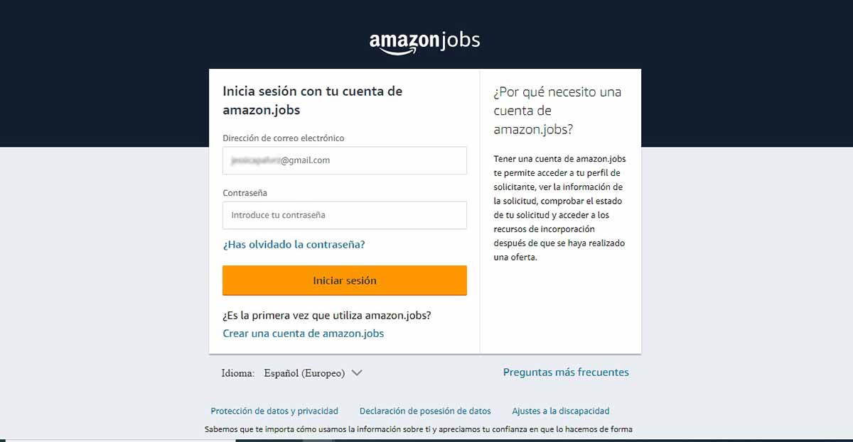 Confirmación de cuenta en Amazon Jobs