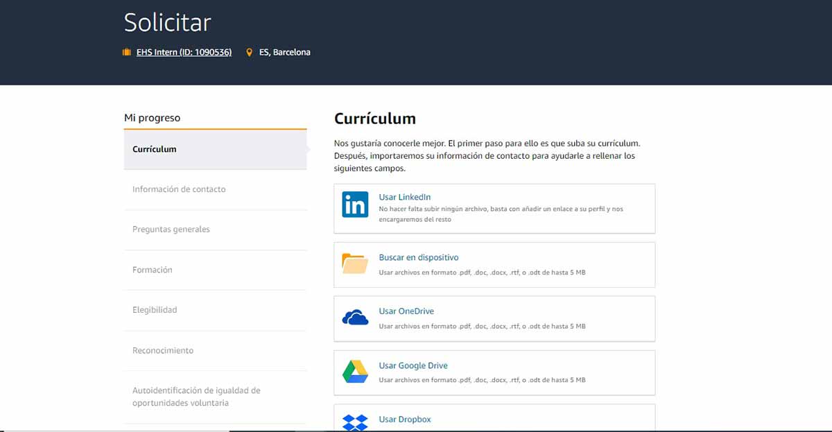 Vías para enviar el currículum a Amazon