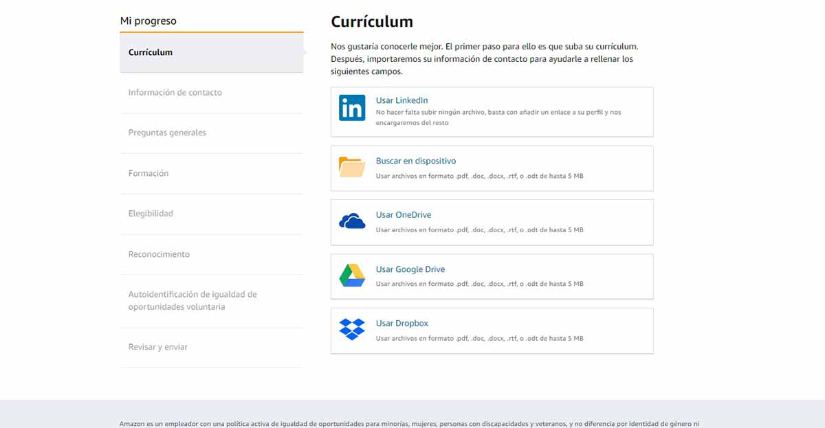 Subir el currículum a Amazon