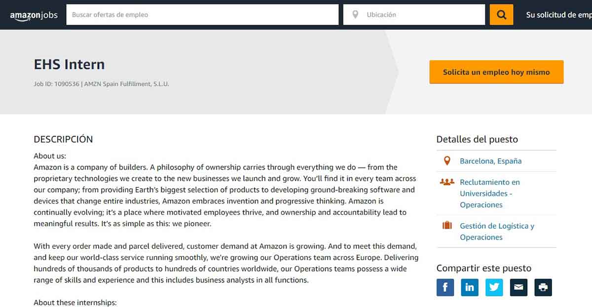 Descripción del puesto de empleo de Amazon