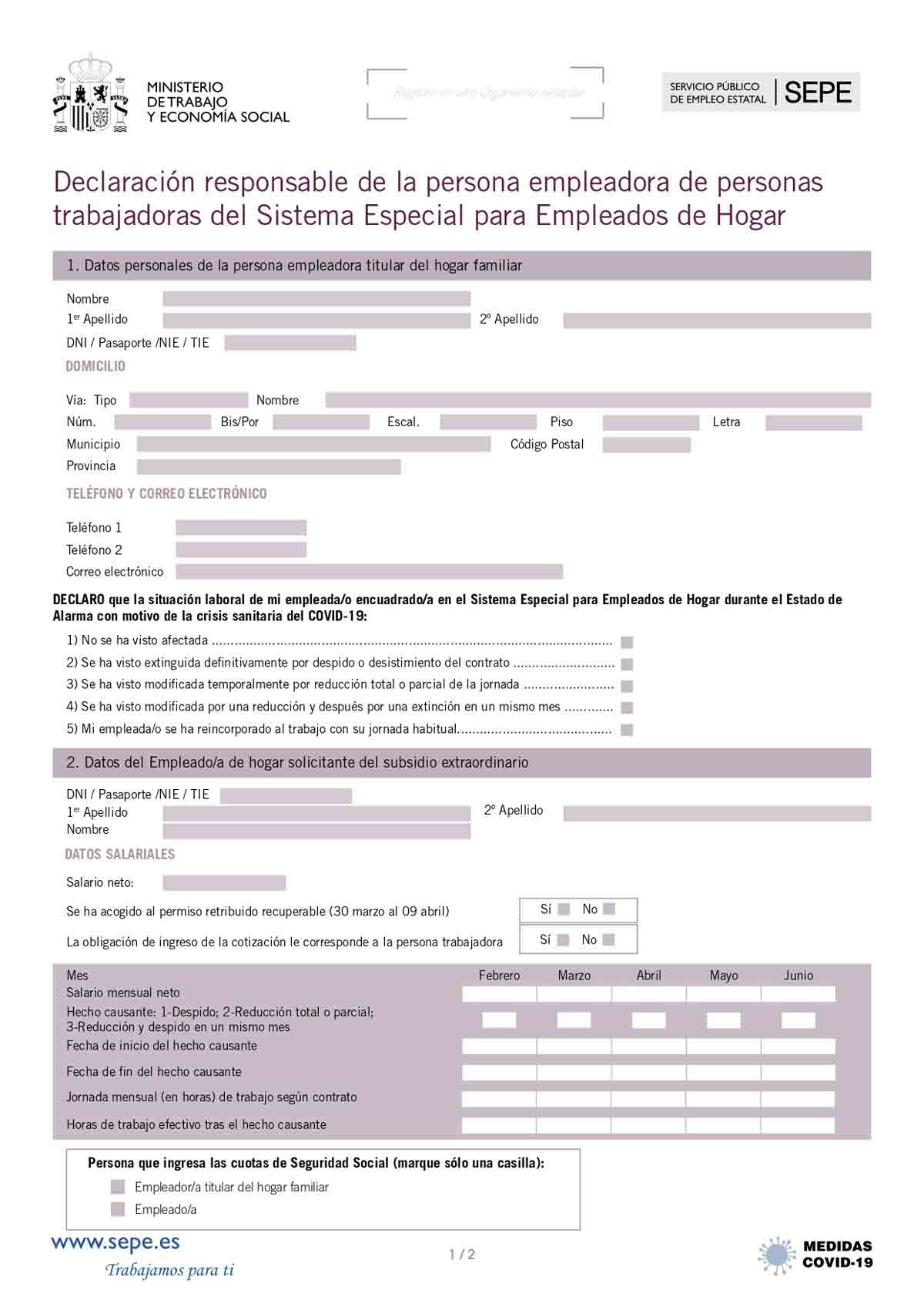 Declaración responsable empleadas del hogar página 1