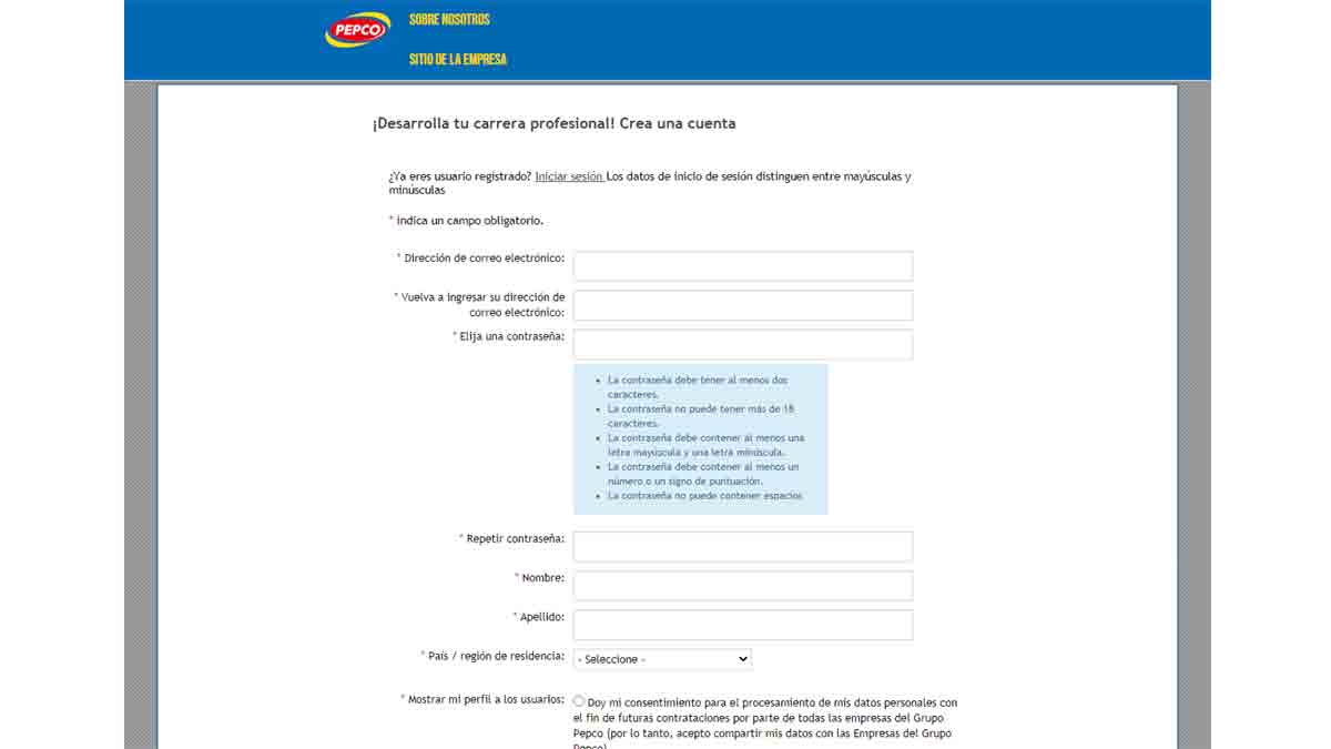 Primera parte del formulario Pepco