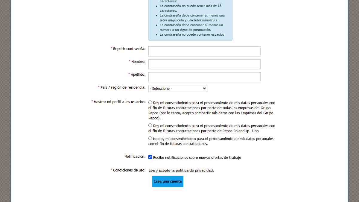 Segunda parte del formulario Pepco