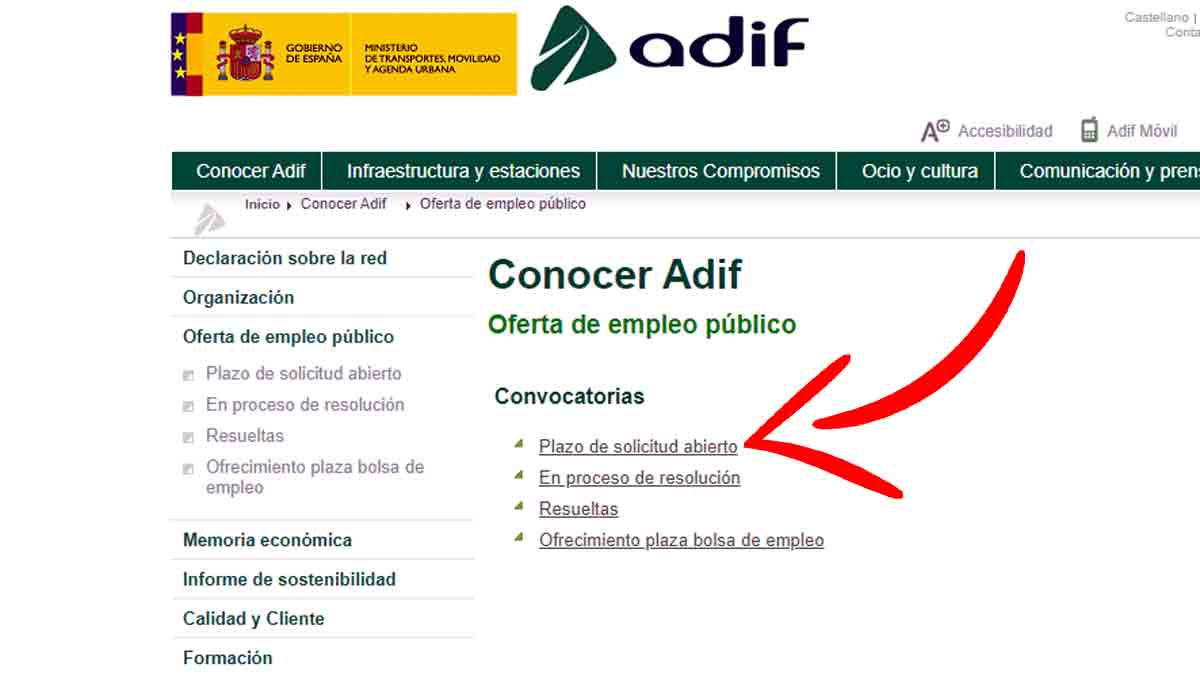 Convocatorias de plazo de solicitud abiertas en Adif