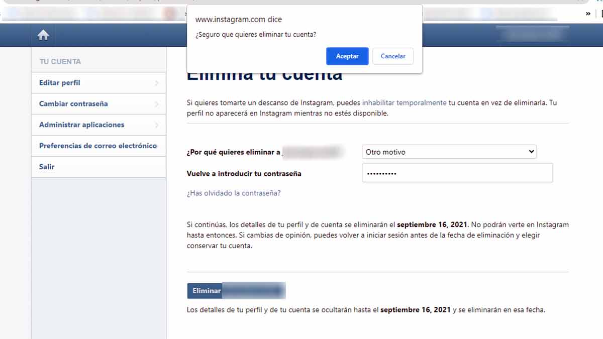 Eliminar cuenta para siempre