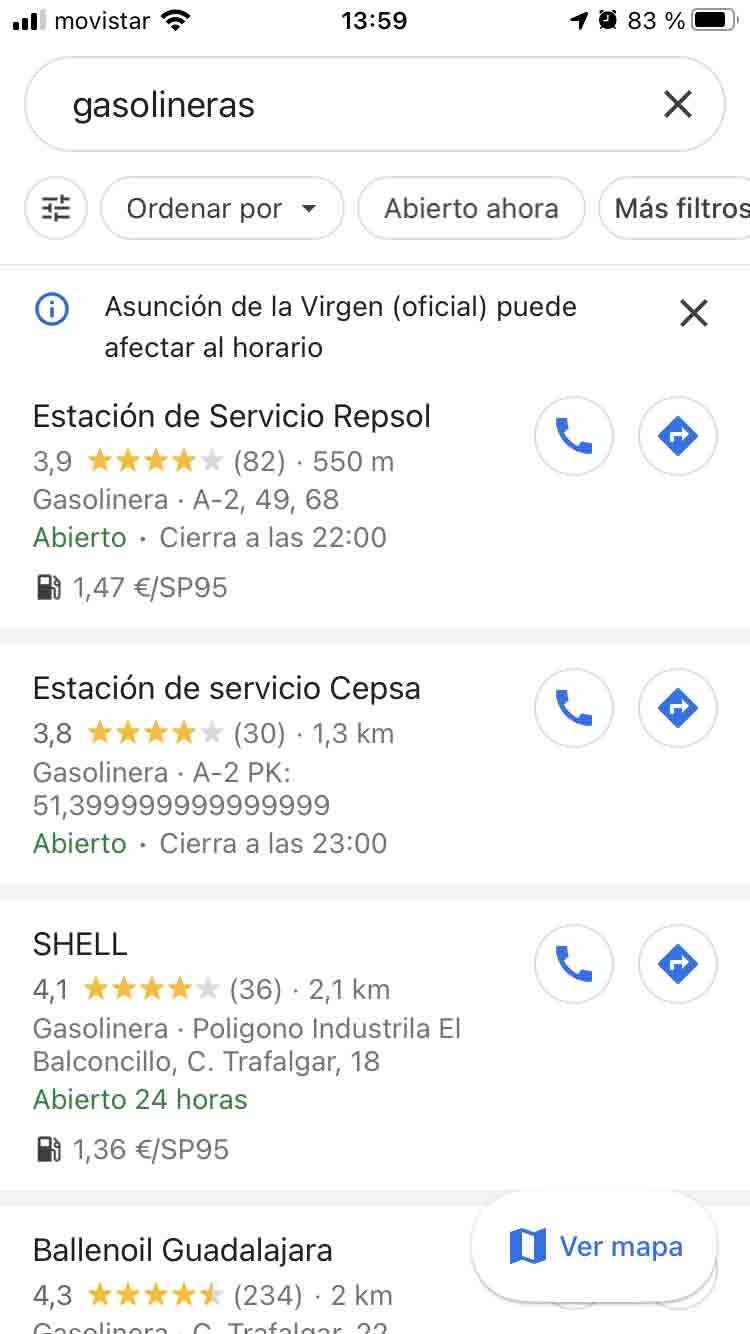 Listado de gasolineras y precio en Google Maps