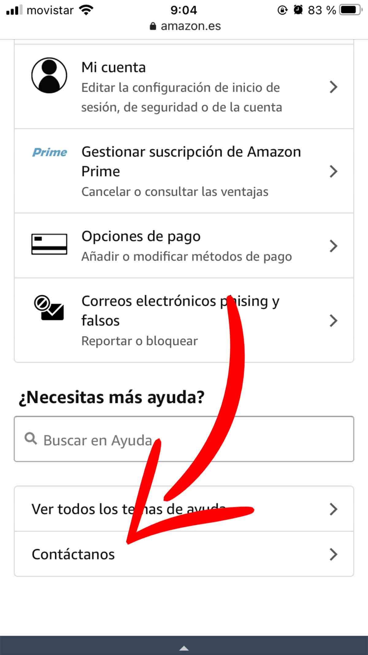 Botón de Contacto con Amazon desde el móvil