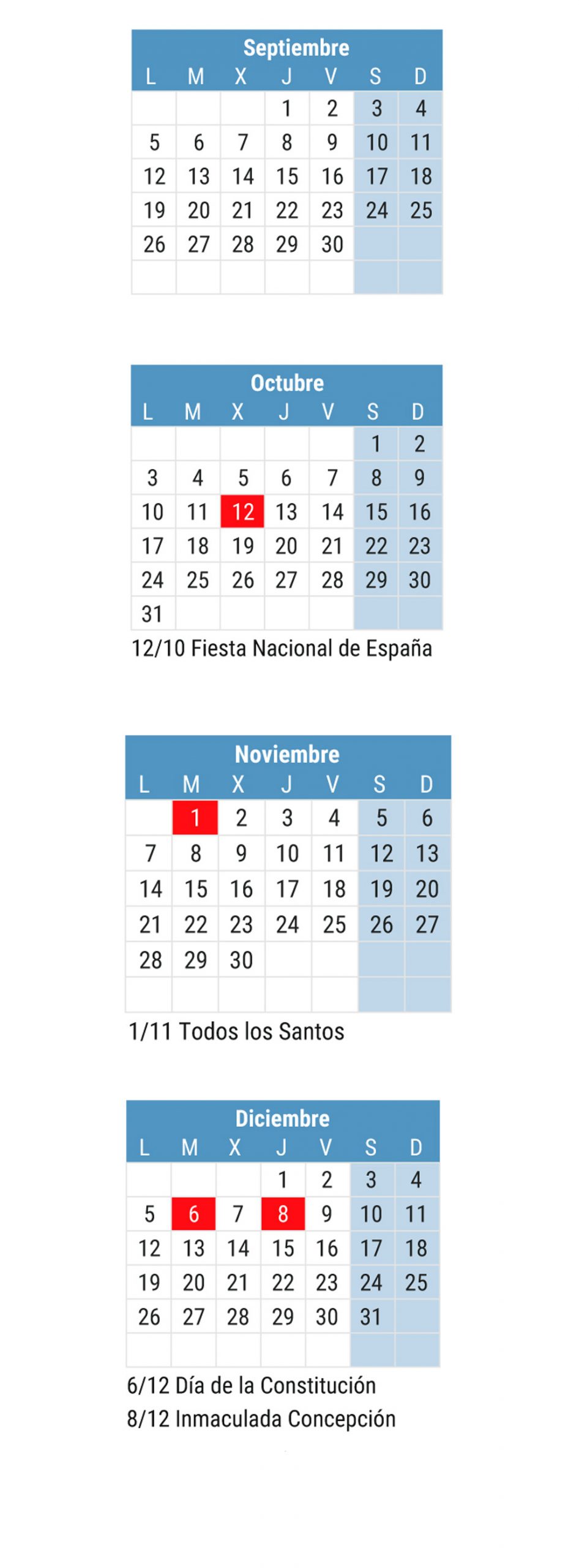 Calendario festivos 2022 final de año