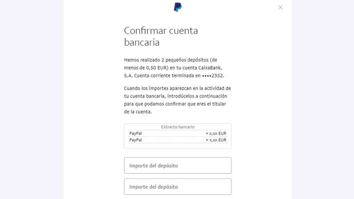 Confirma la cuenta bancaria para crear la cuenta en PayPal
