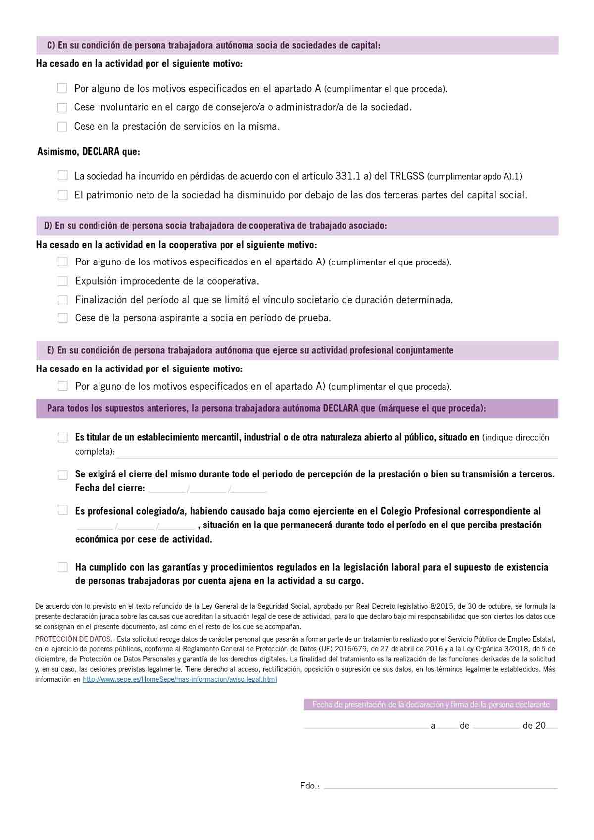 Formulario de declaración jurada para los autónomos