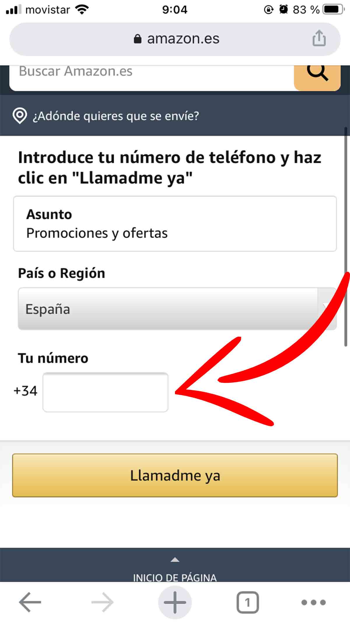 Escribe tu número de teléfono para que te llamen de Amazon