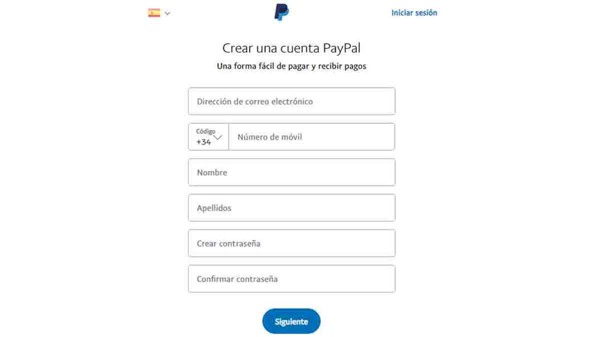 Introduce tus datos personales para crear cuenta en PayPal
