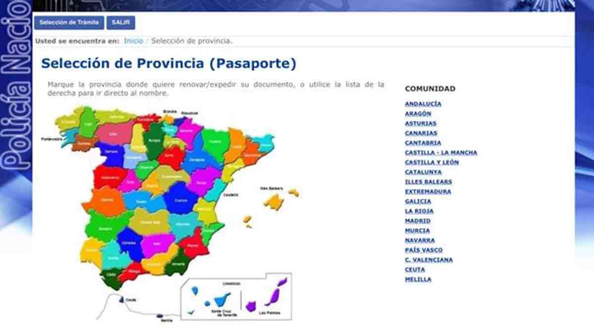 Seleccionar provincia para cita previa pasaporte