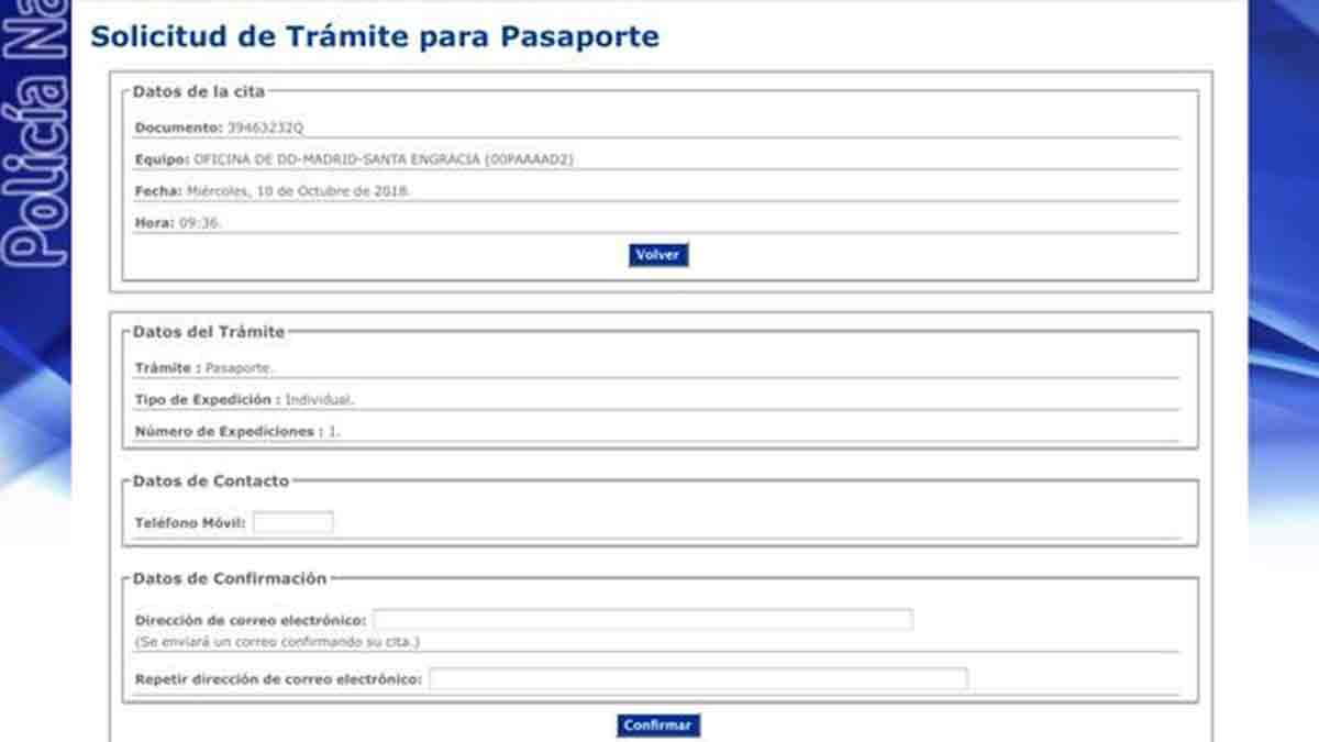 Datos personales de contacto para hacer pasaporte