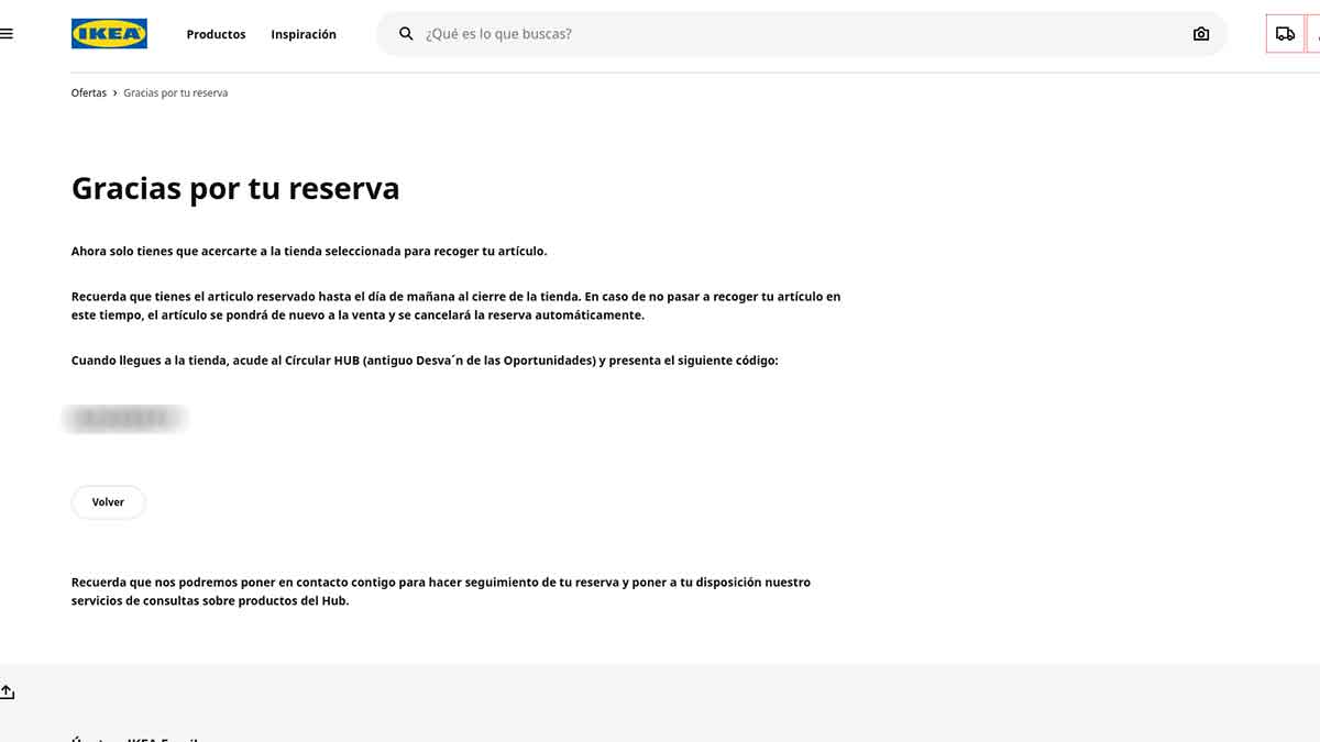 Reserva del artículo hecha en Ikea