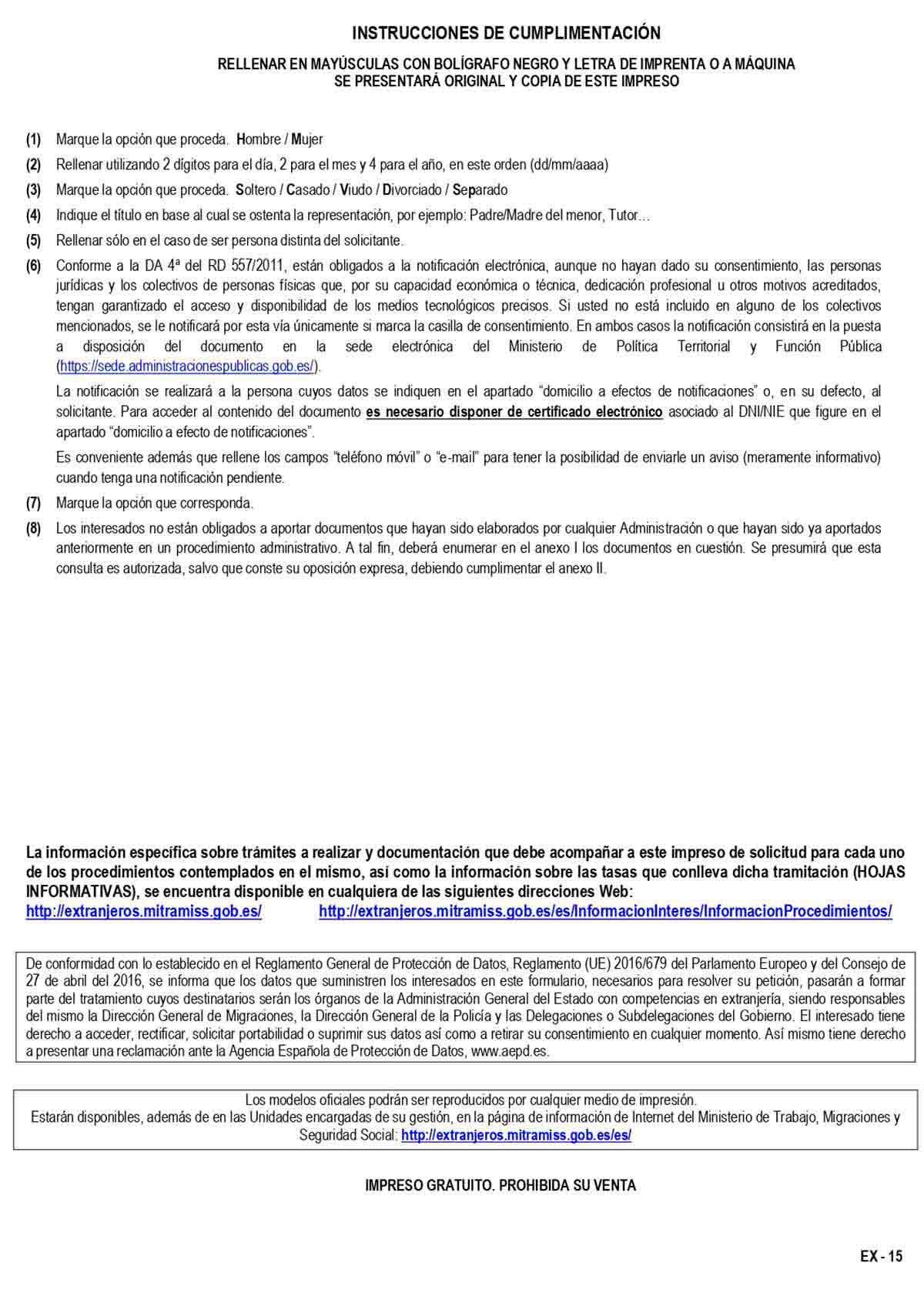 Instrucciones para completar el formulario EX15 para renovar el NIE