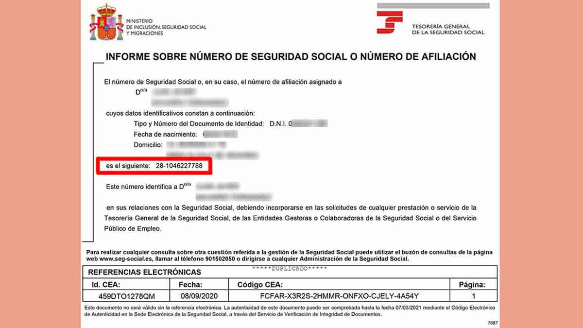 Informe con el número de afiliación a la seguridad social