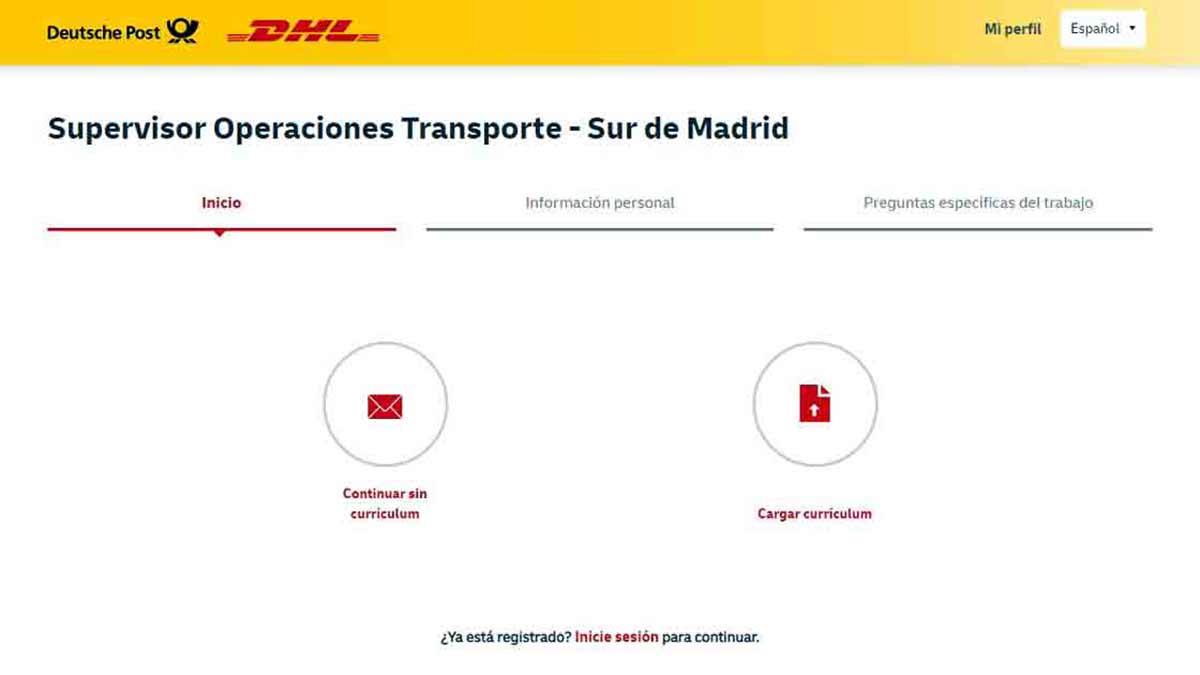Proceso de inscripción a una oferta de empleo de DHL