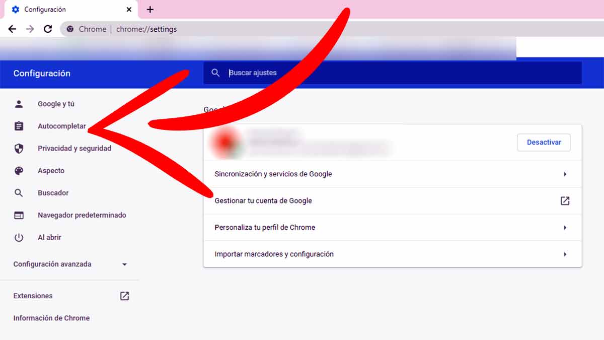 Acceder a la sección 'Autocompletar' de Google