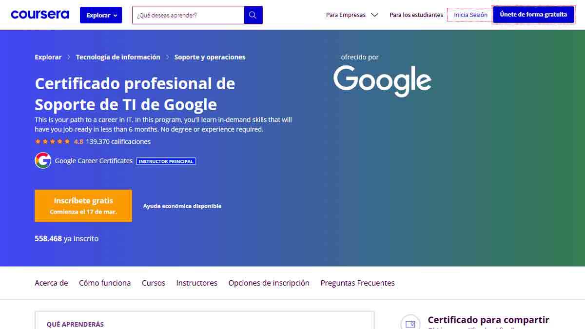 Paso final para inscribirse a un curso de google