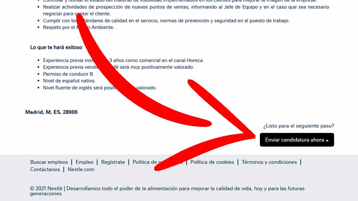 Botón para inscribirme en una oferta de empleo de Nestlé
