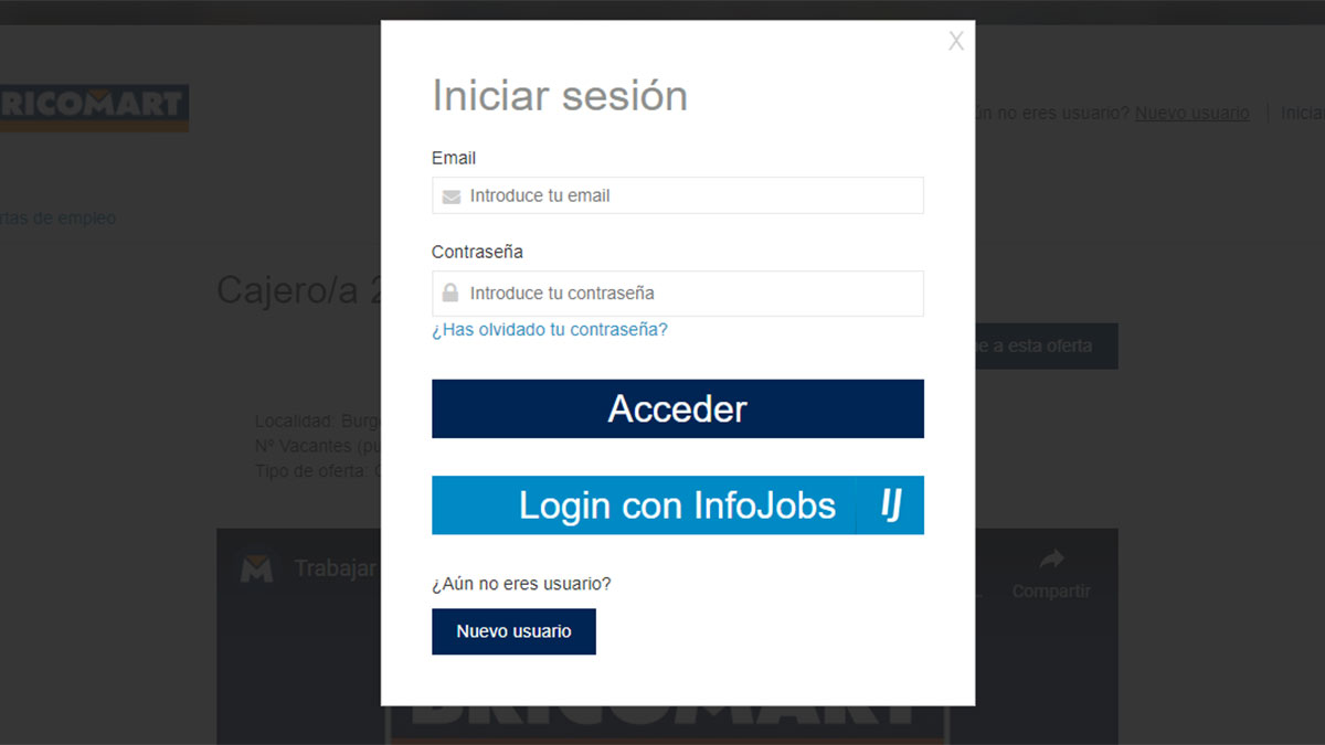 Crear una cuenta en el portal de empleo Bricomart