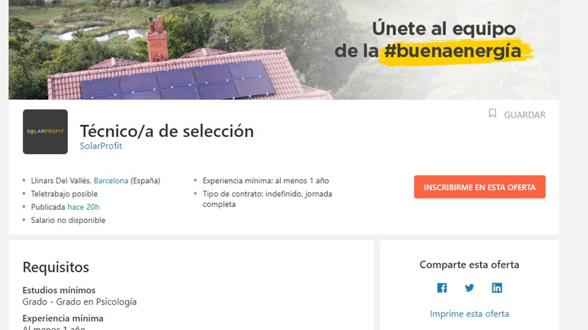 Detalle de oferta de empleo en SolarProfit