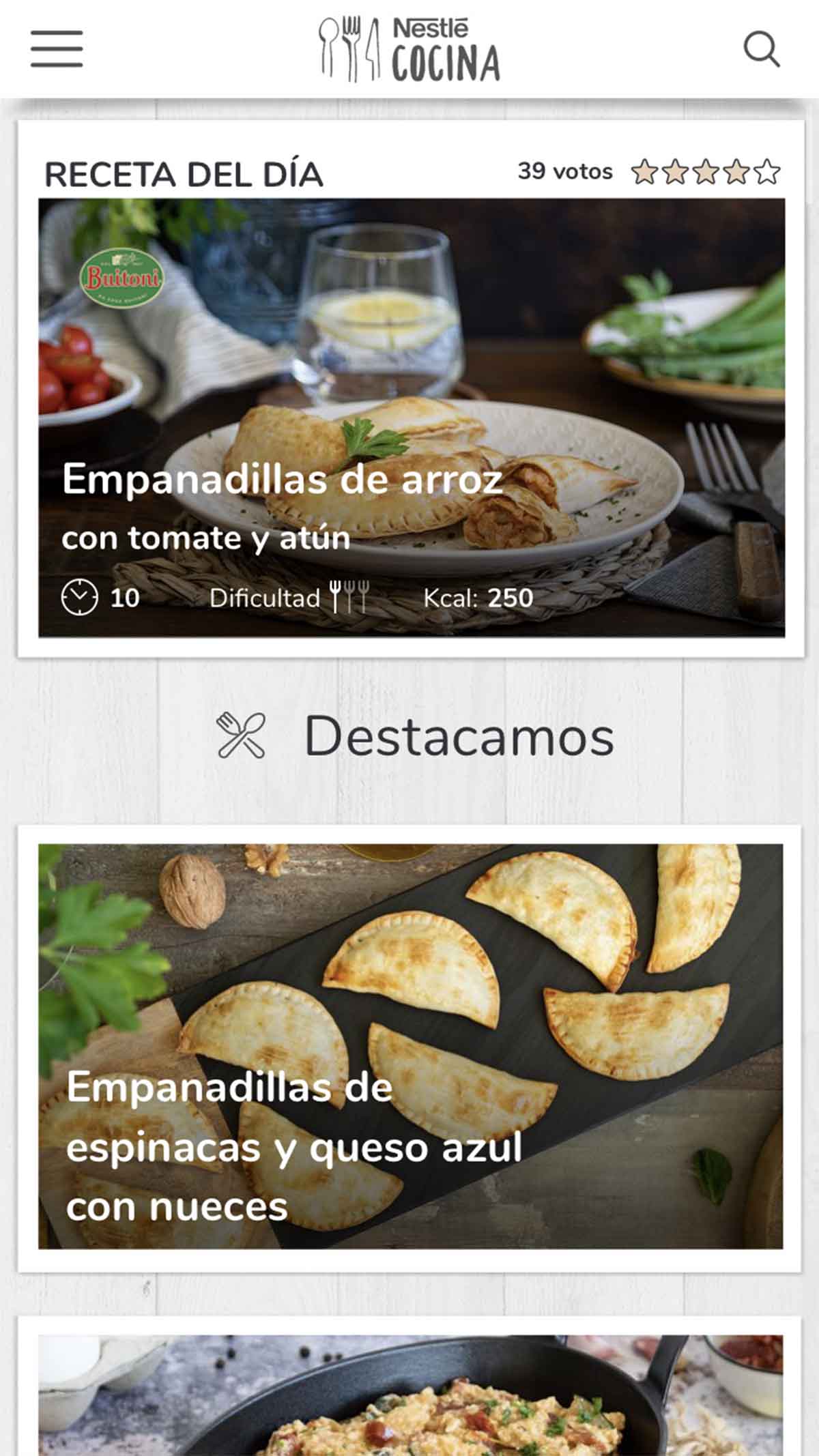 Menú principal de Nestlé cocina