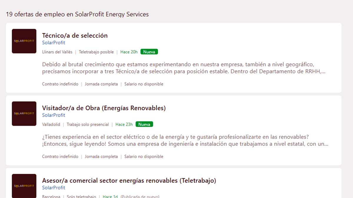 Listado de ofertas vacantes en SolarProfit