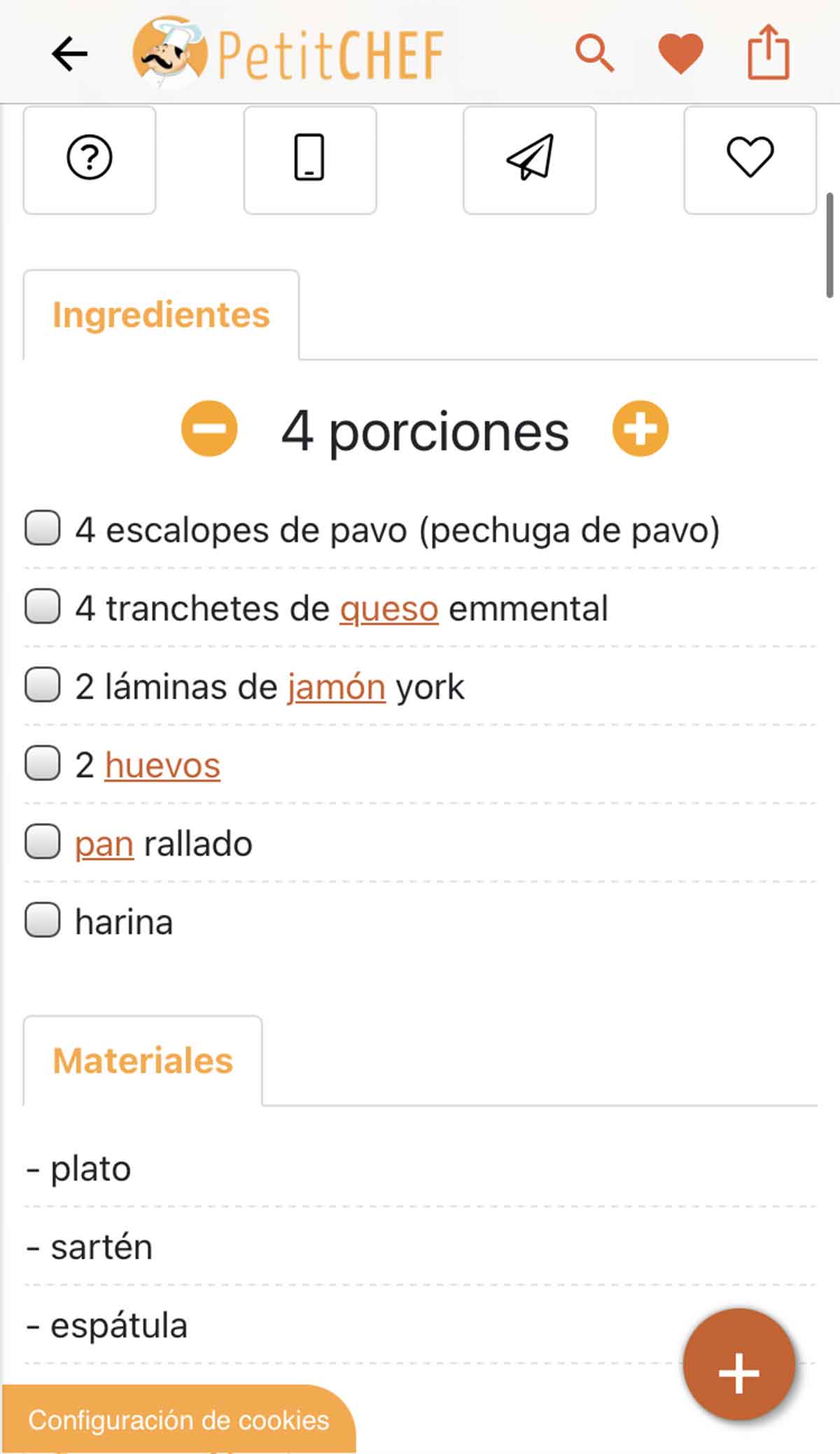 Porciones e ingredientes de la receta