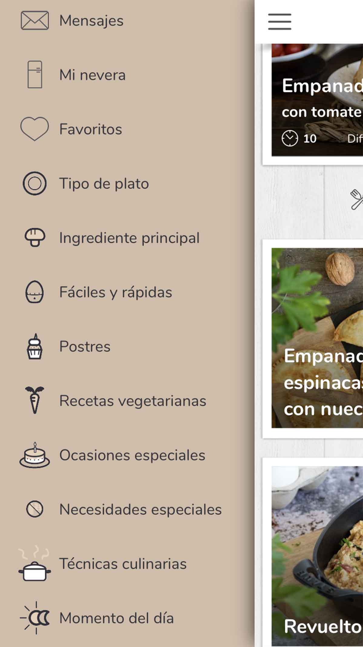 Menú lateral de Nestlé Cocina