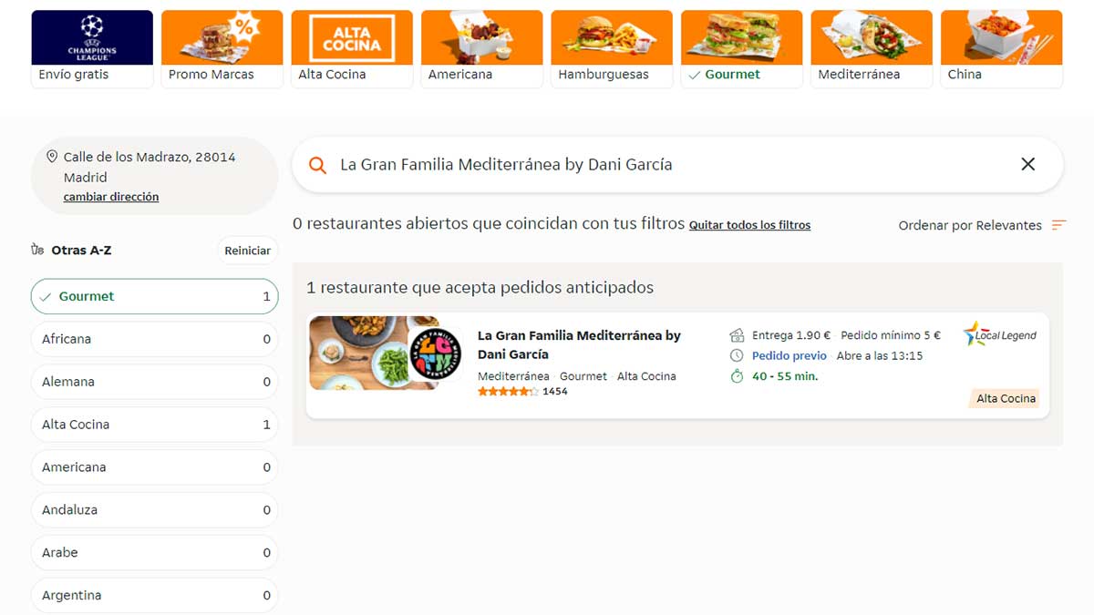 Seleccionar restaurante de Just Eat