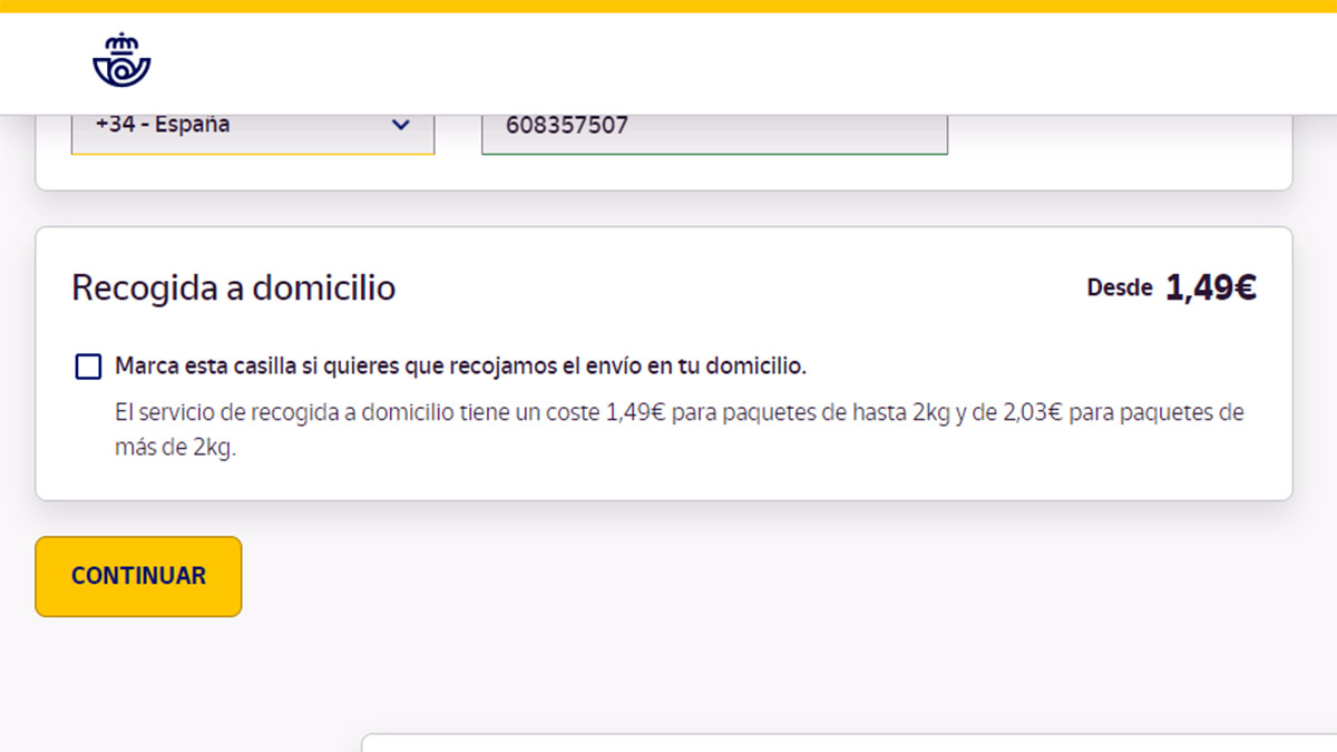 Marcar la casilla de recogida del paquete