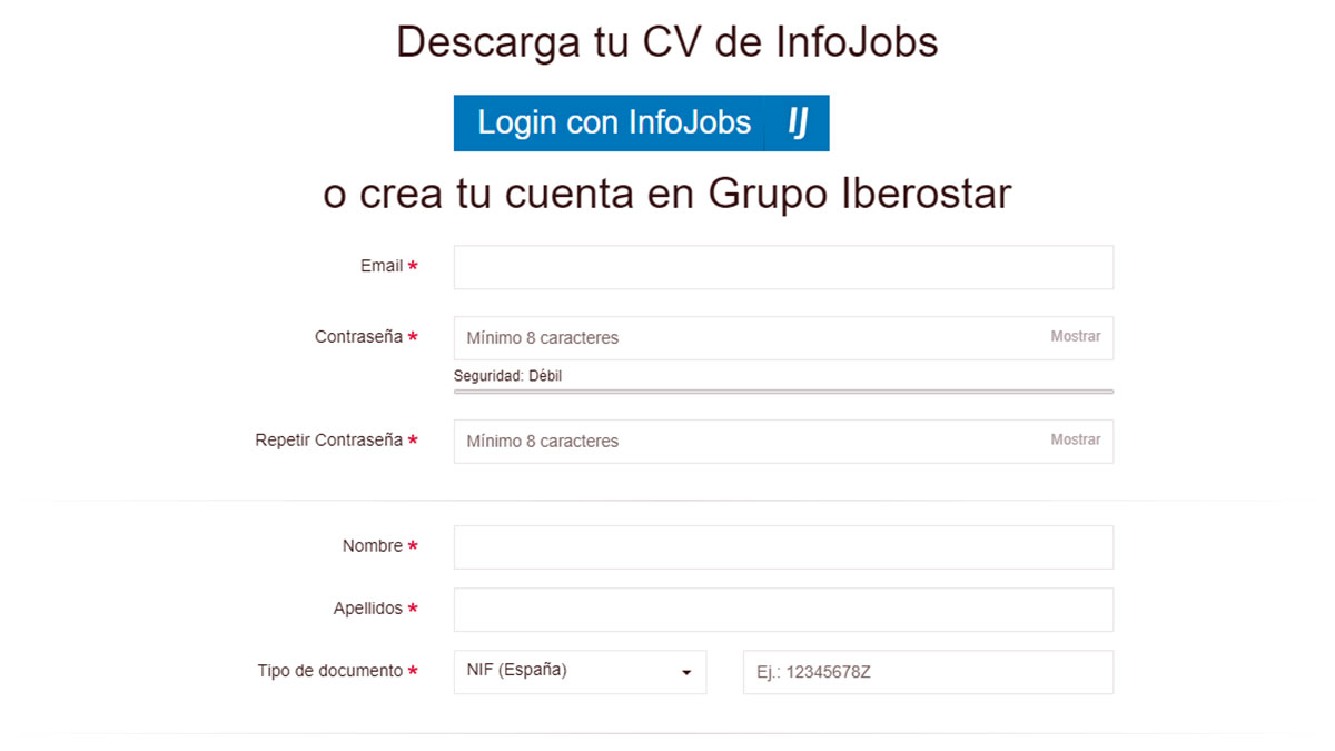Formulario de registro en el portal de empleo Iberostar