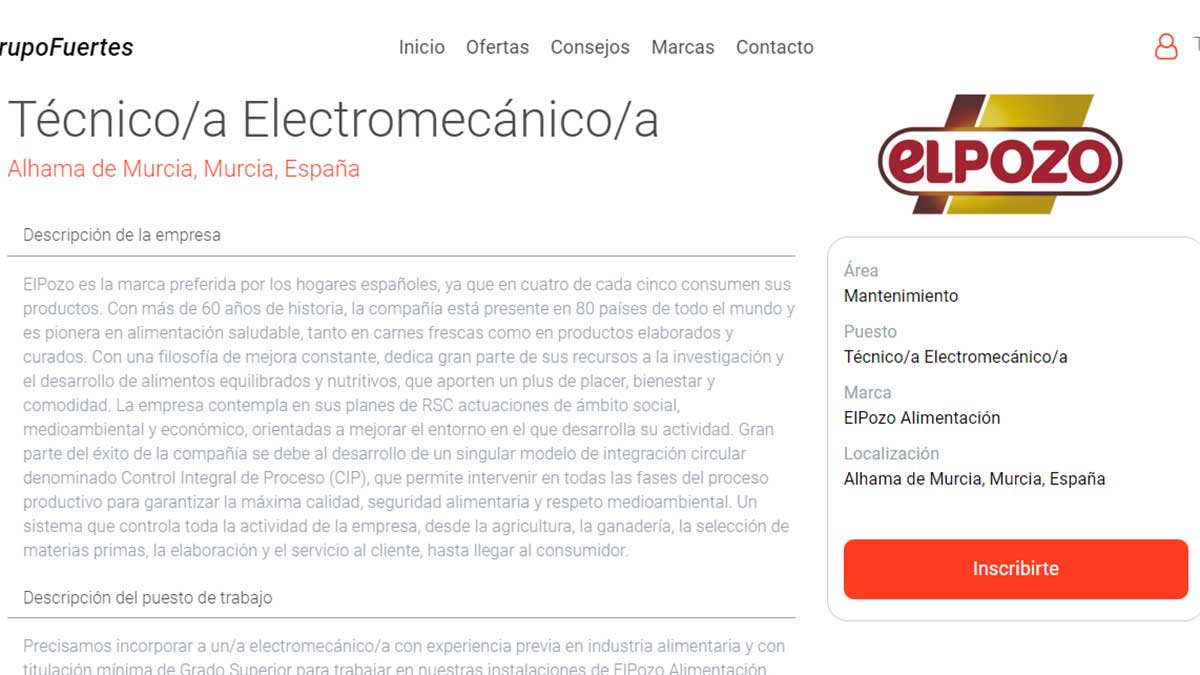 Descripción de una oferta de empleo de El Pozo