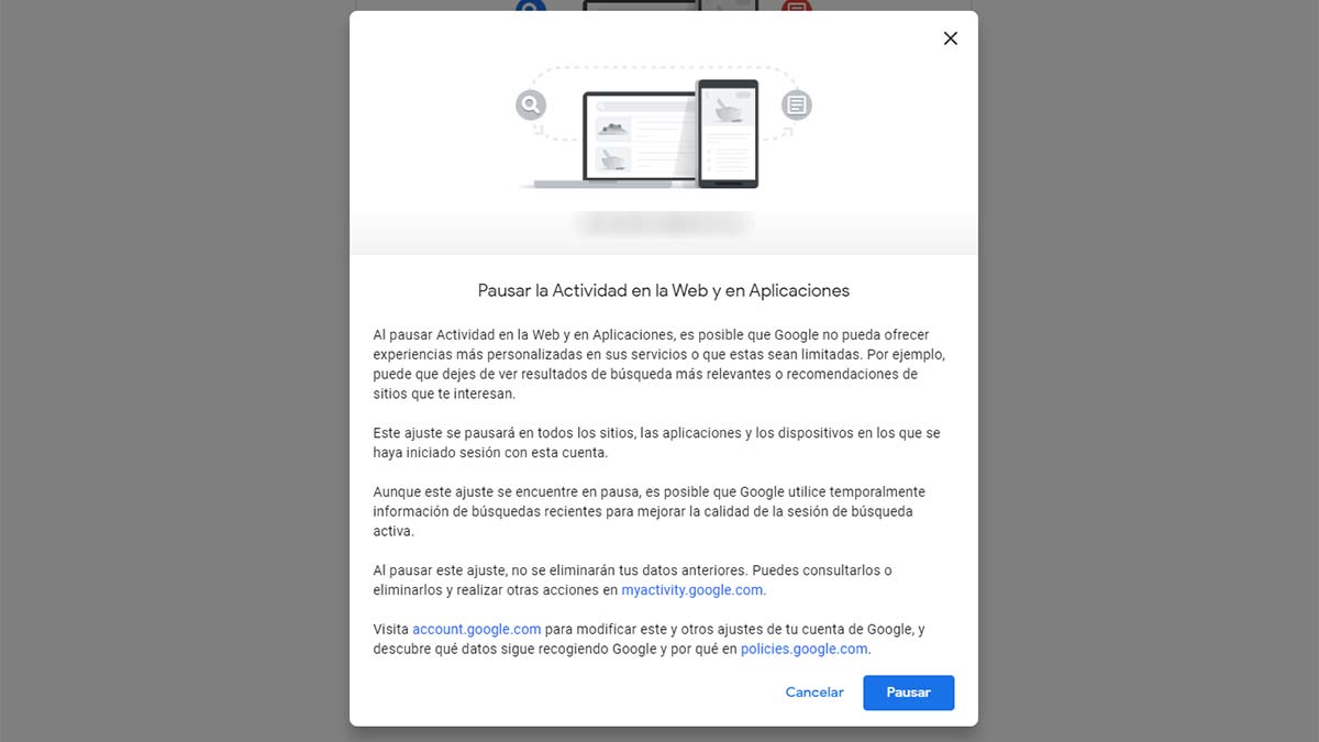Aviso de Google sobre el historial