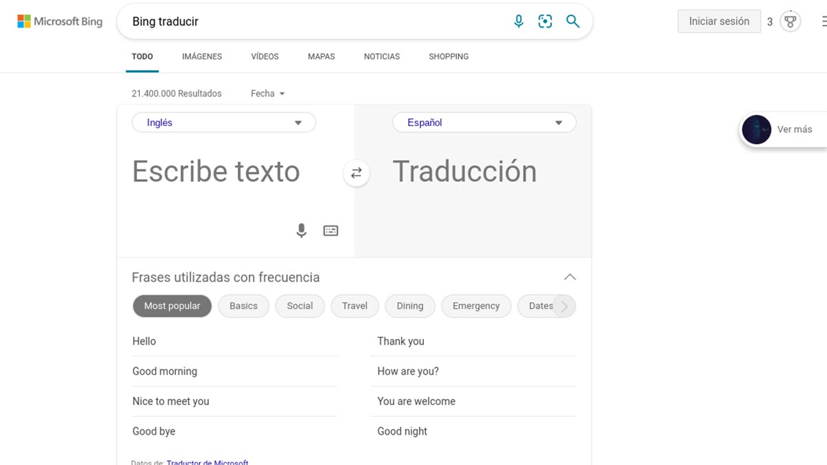 Bing traductor de Microsoft