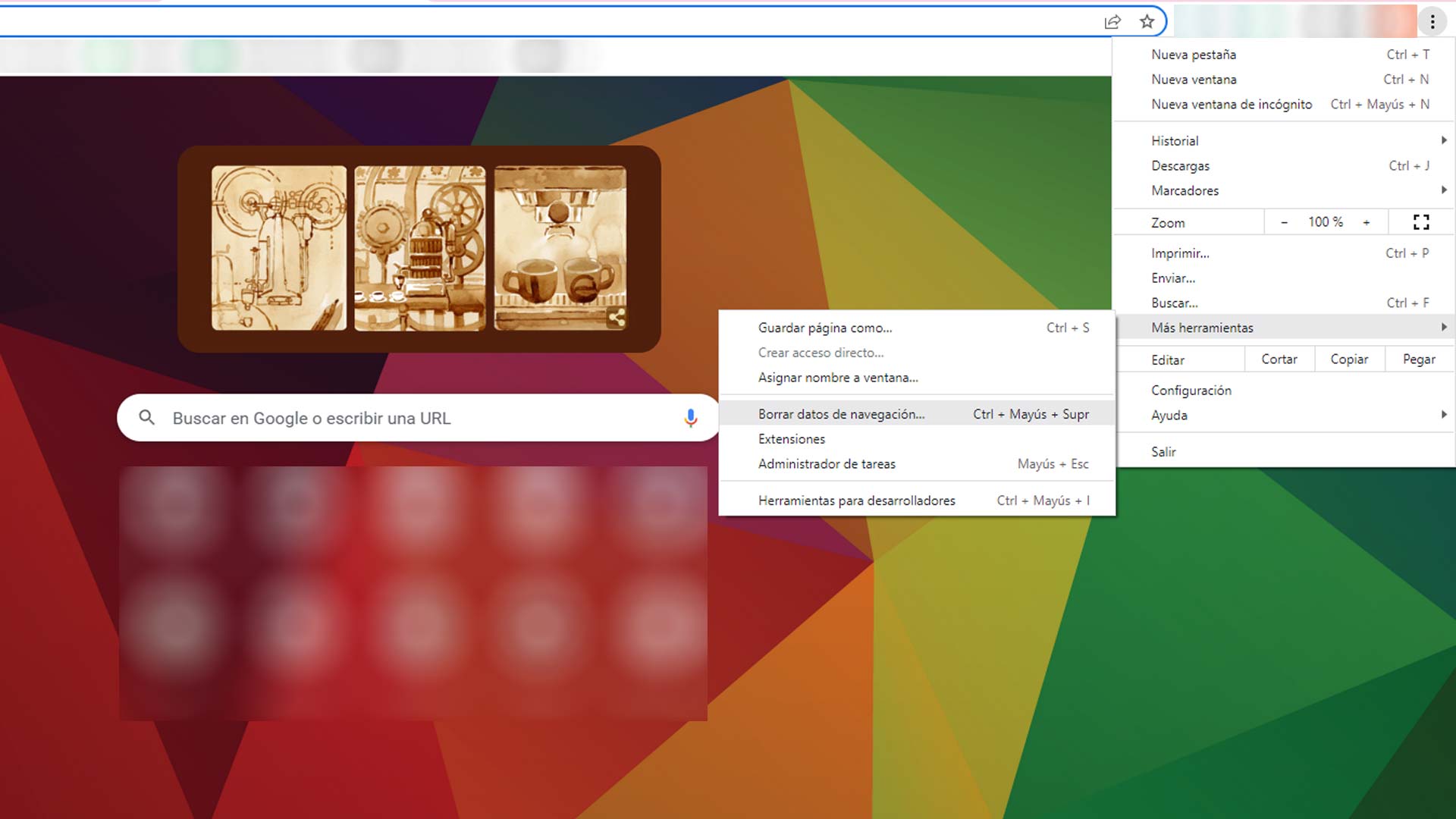 Acceso al menú de Google para borrar el historial de navegación