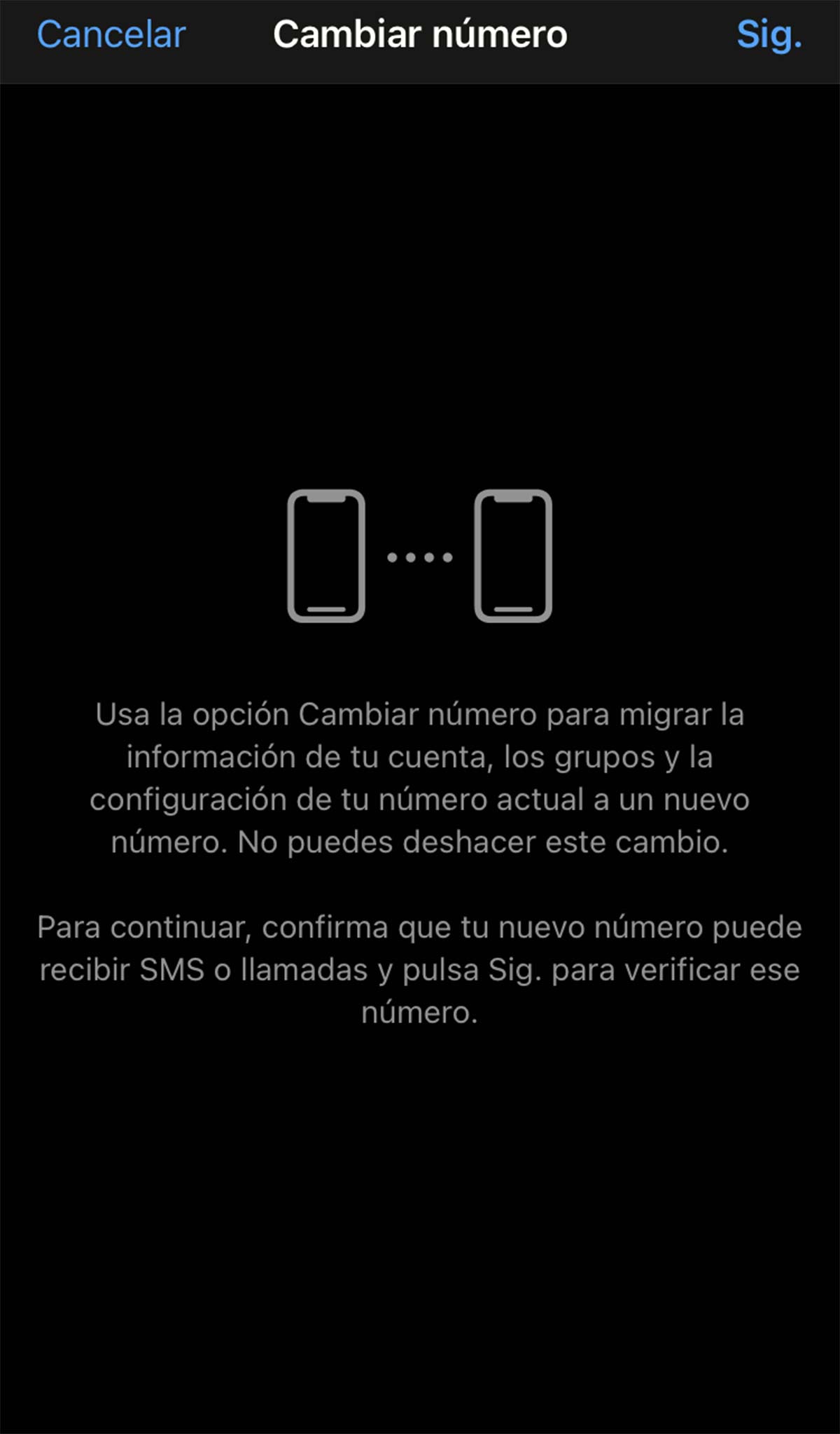 Mensaje de aviso sobre cambio de número en WhatsApp