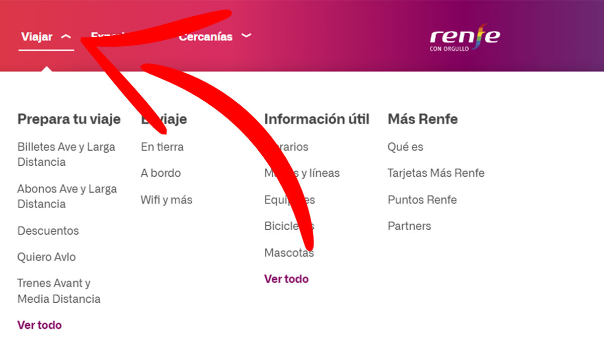 Sección Viajar de Renfe
