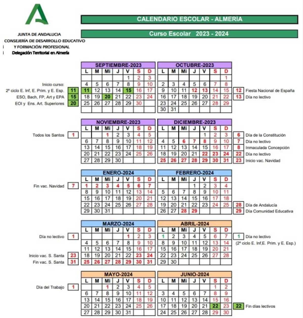 Calendario Escolar 2023-2024 Andalucía.
