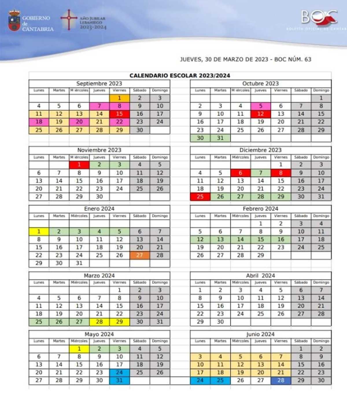 Calendario Escolar 2023-2024 Cantabria.